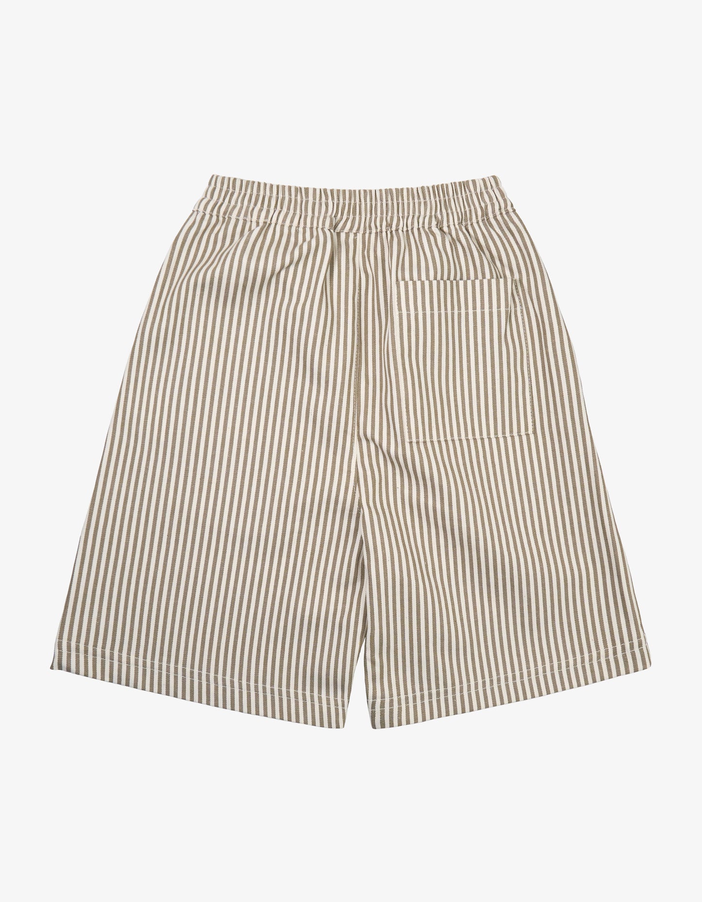 Kids khaki striped shorts back view.