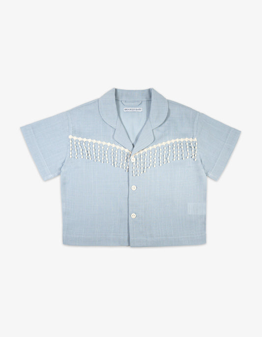 Handmade Baby Blue Fringe Linen Shirt