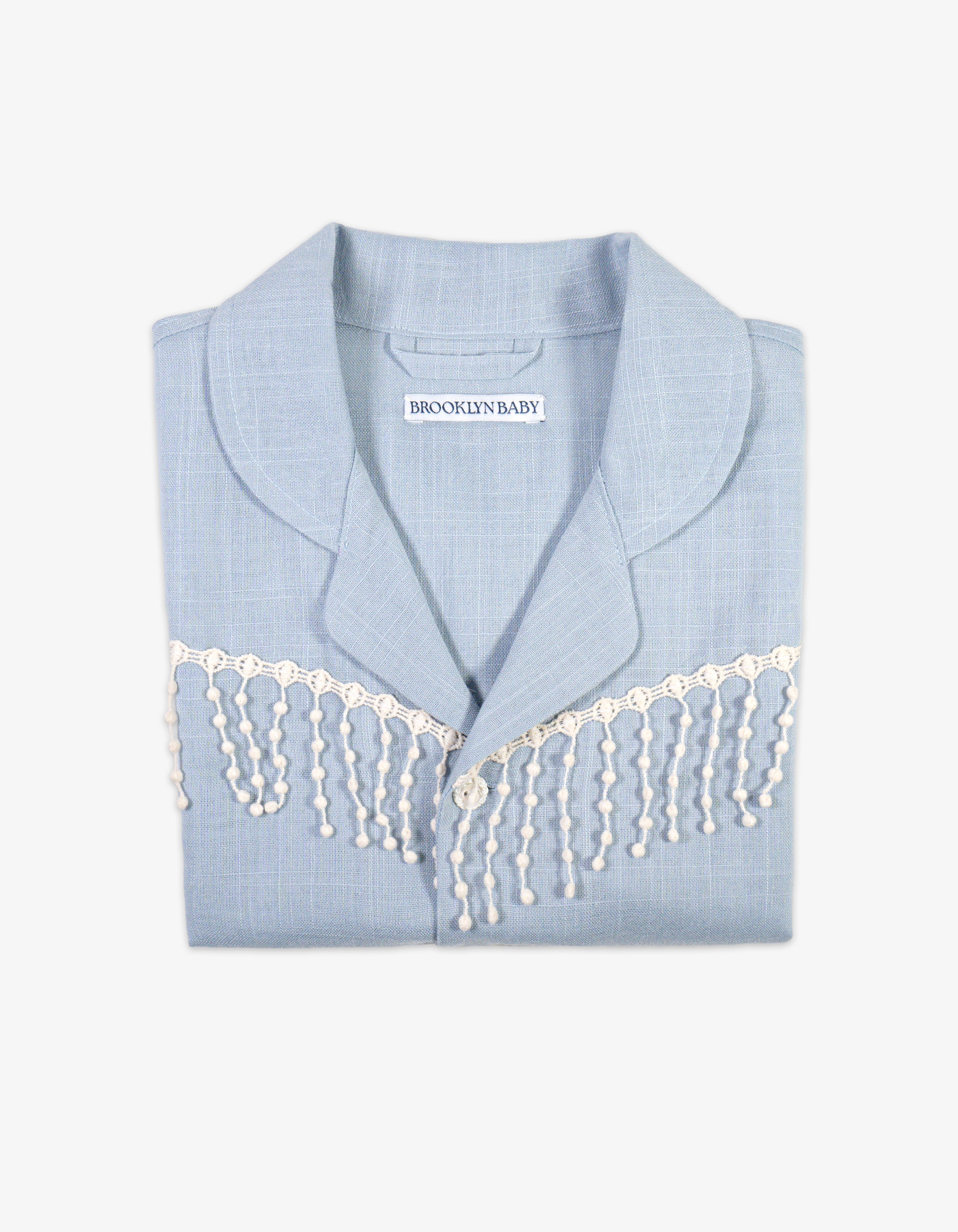 Handmade Baby Blue Fringe Linen Shirt
