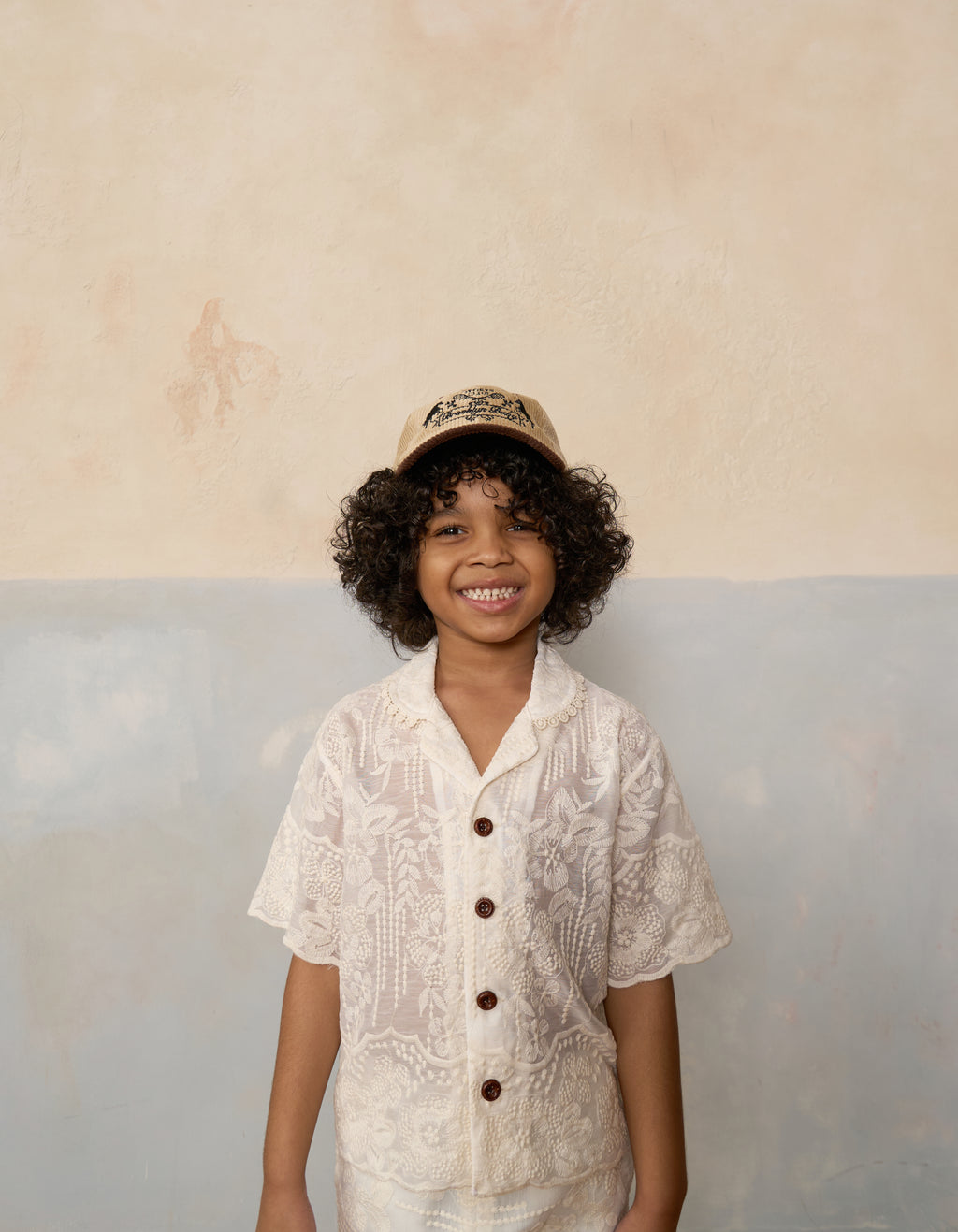 Handmade Kids Cotton Floral Lace Scallop Shirt on model