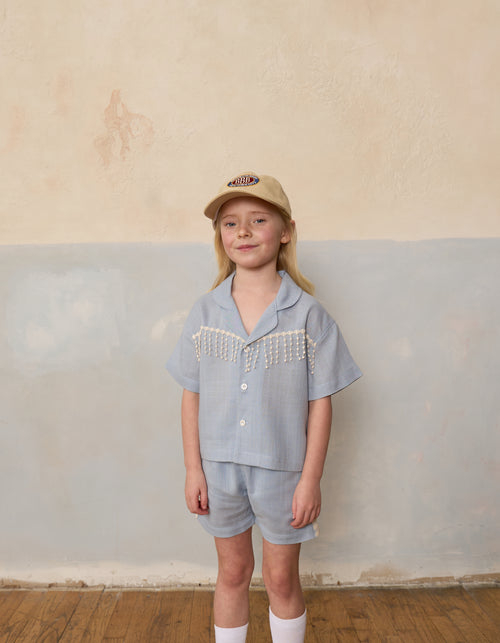 Handmade Baby Blue Fringe Linen Shirt