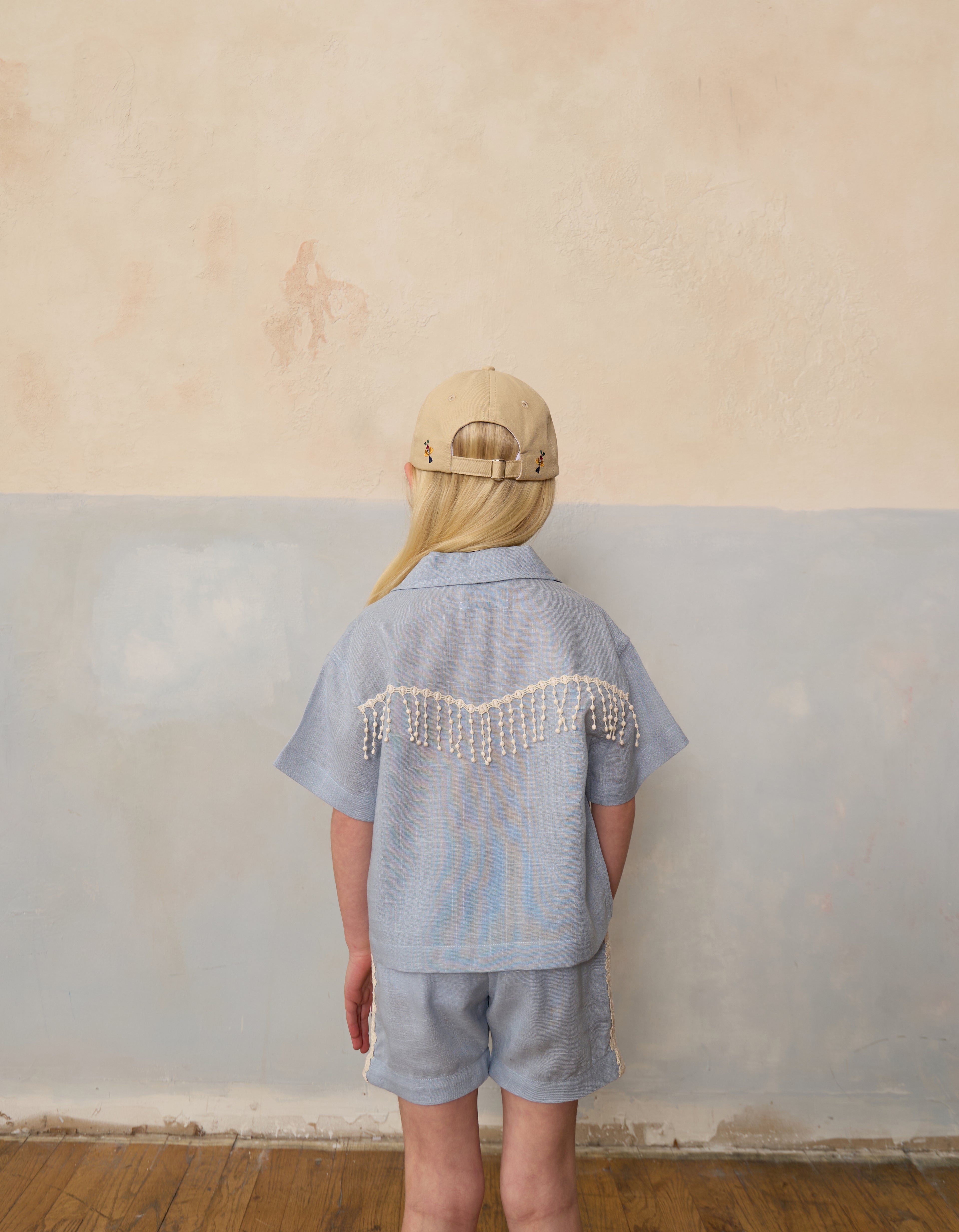 Handmade Baby Blue Fringe Linen Shirt