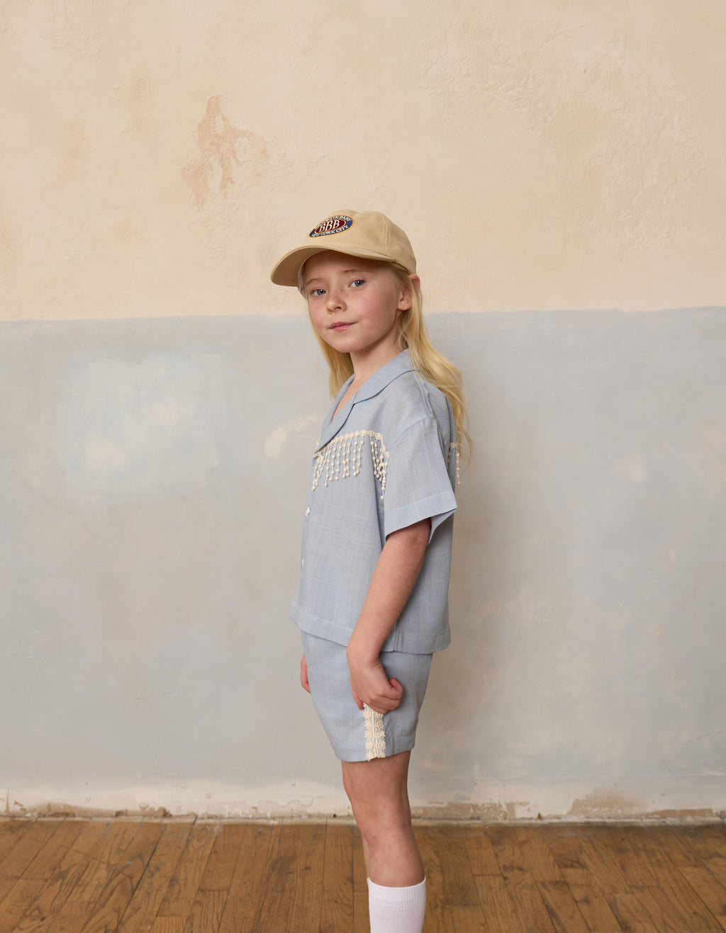 Handmade Kids Lace Trim Linen Shorts on model