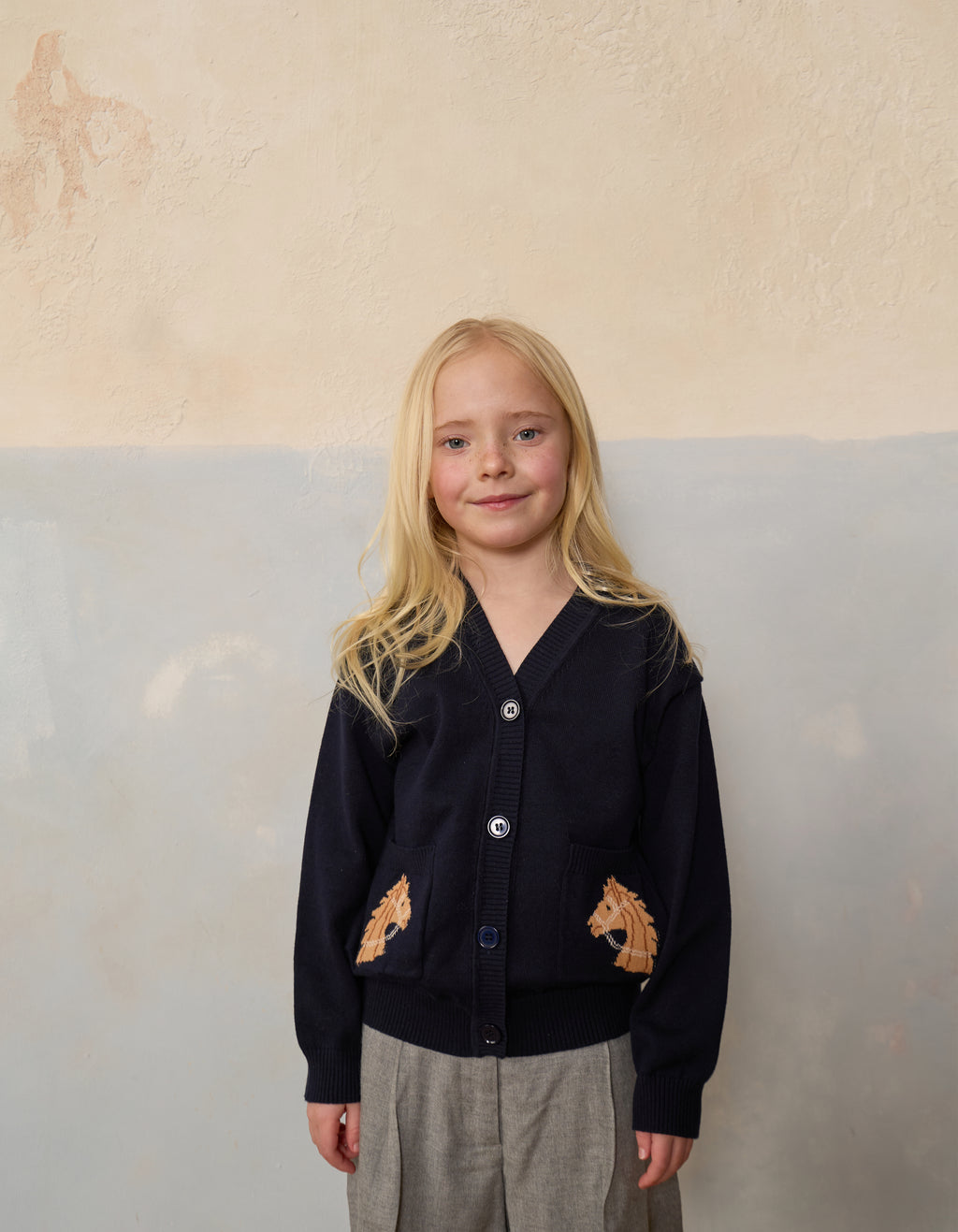Kids Cotton Knit Horse Cardigan on model