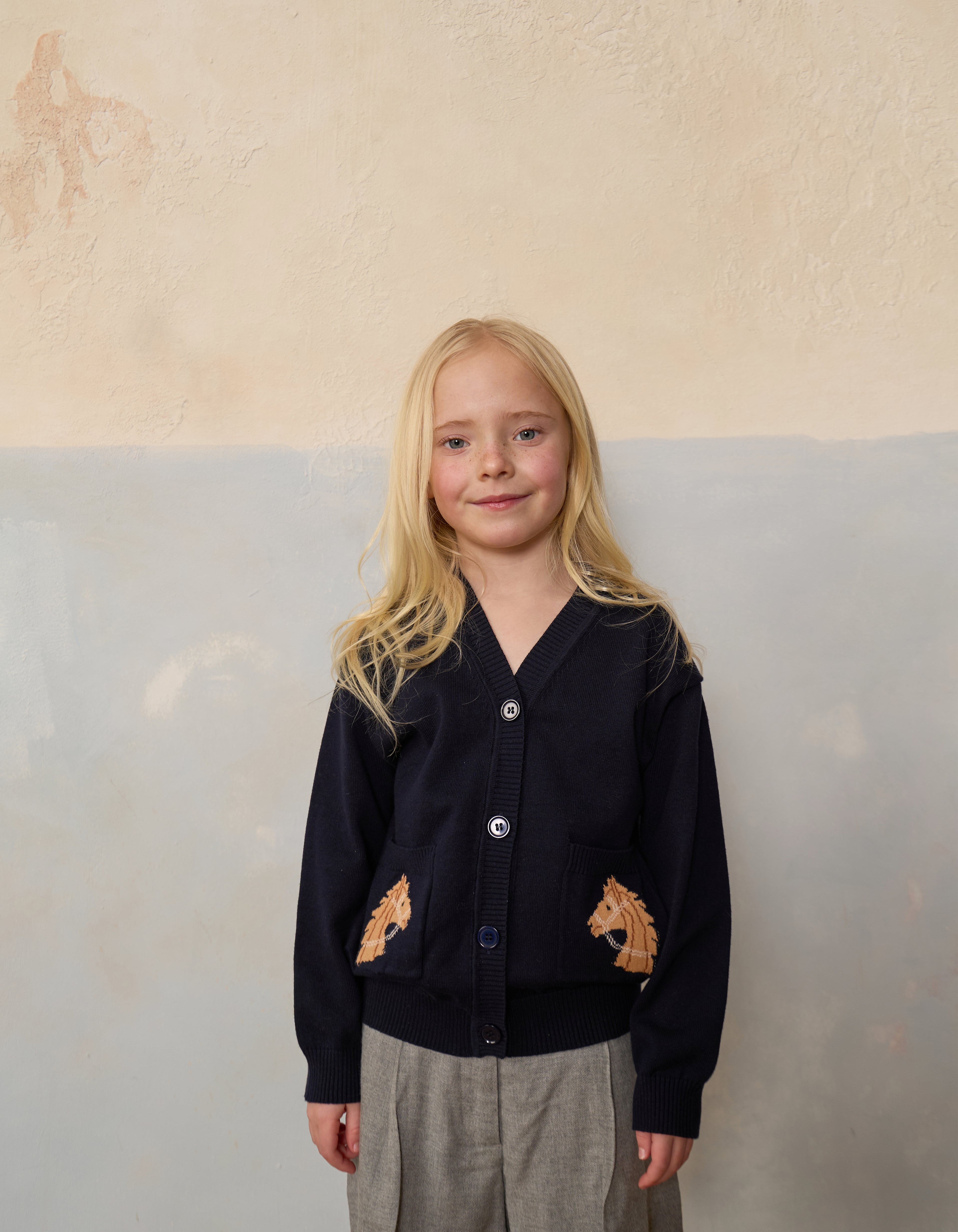 Kids Cotton Knit Horse Cardigan on model