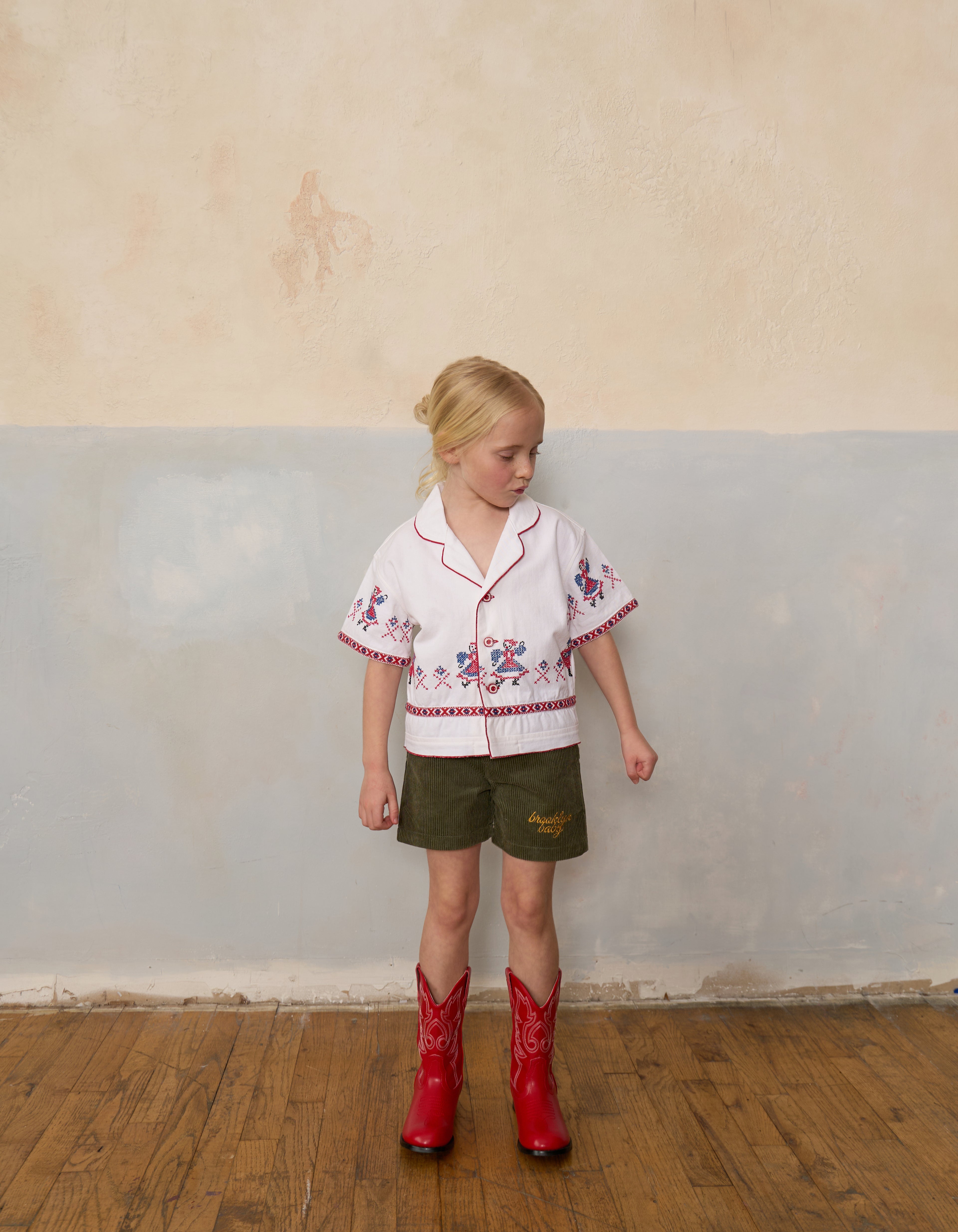 Handmade Kids Cotton Hungarian Vintage Tablecloth Shirt on model