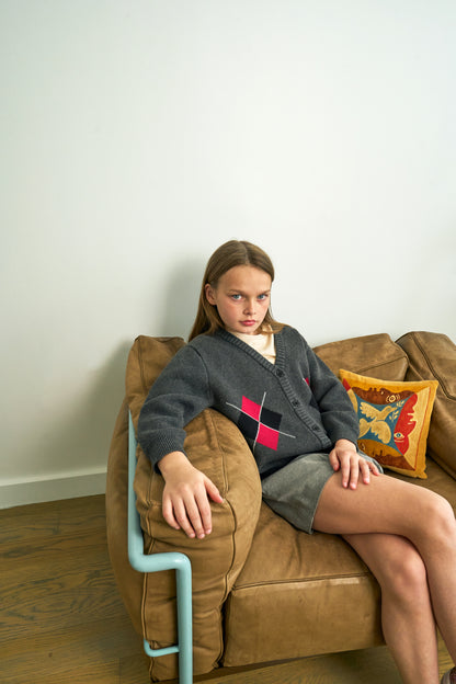 Argyle Jacquard Knit Cardigan - Charcoal