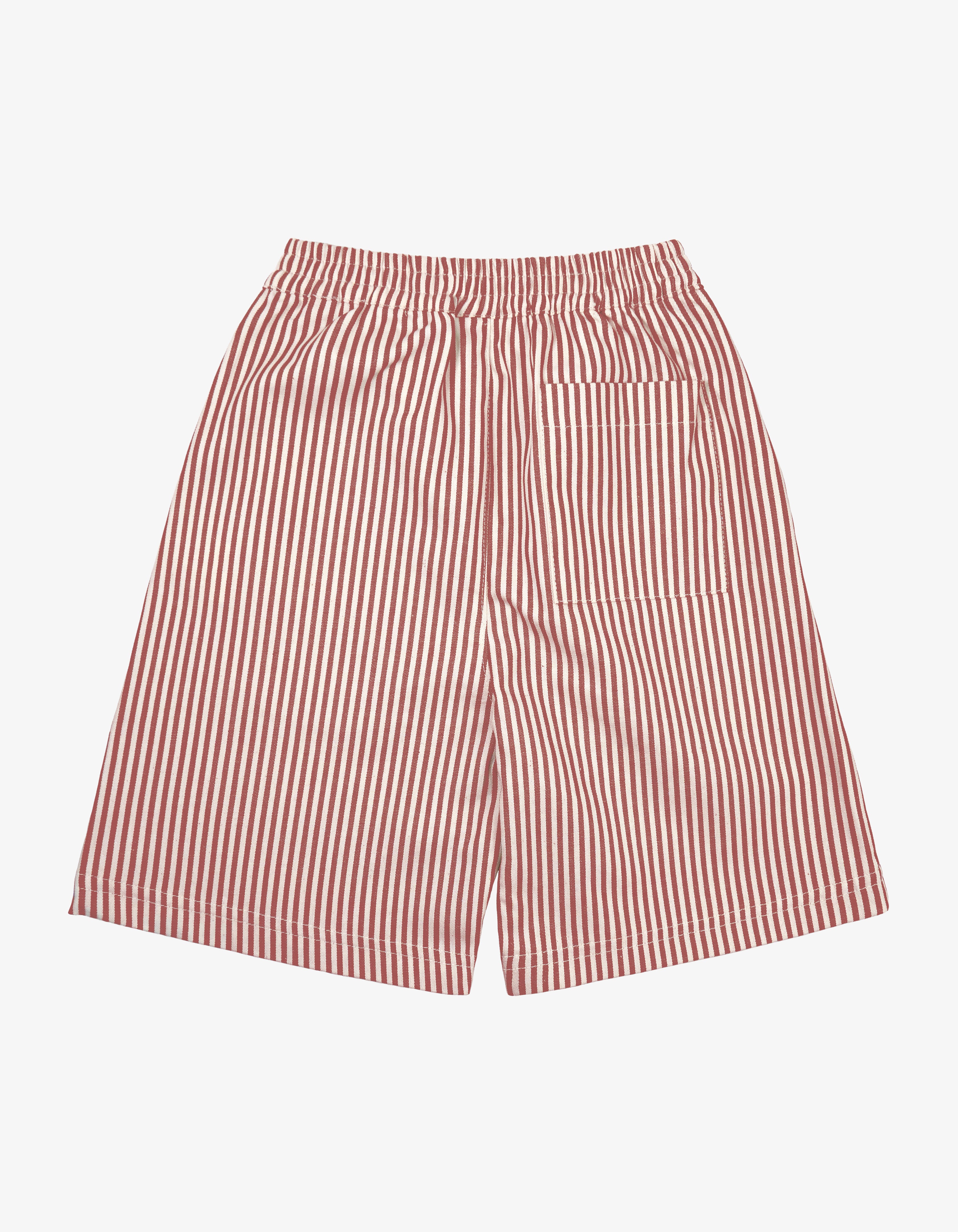 Kids red stripe shorts back view.