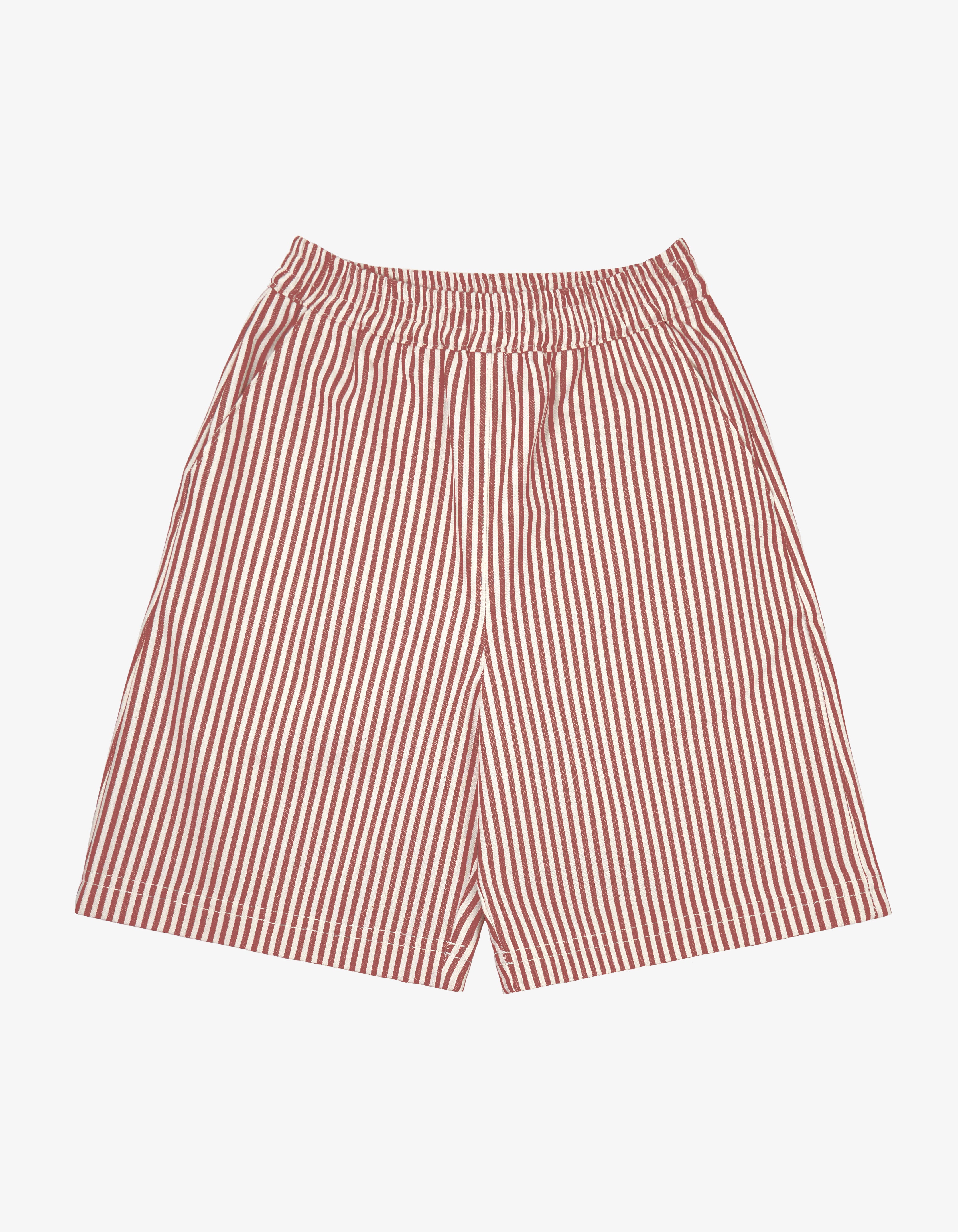 Kids red stripe shorts front view.