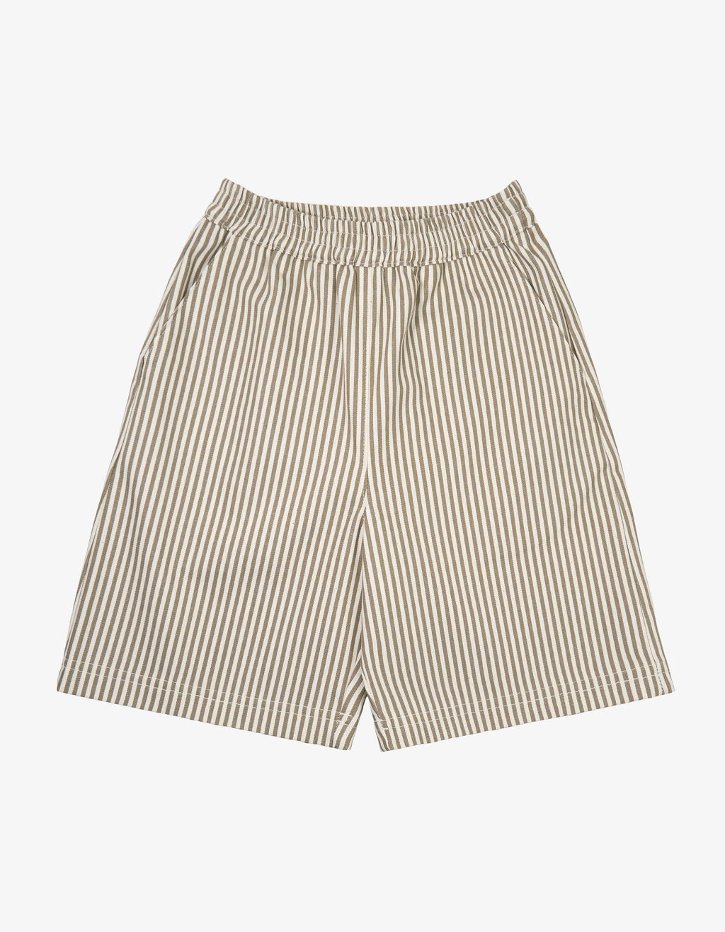 Kids khaki striped shorts front view.