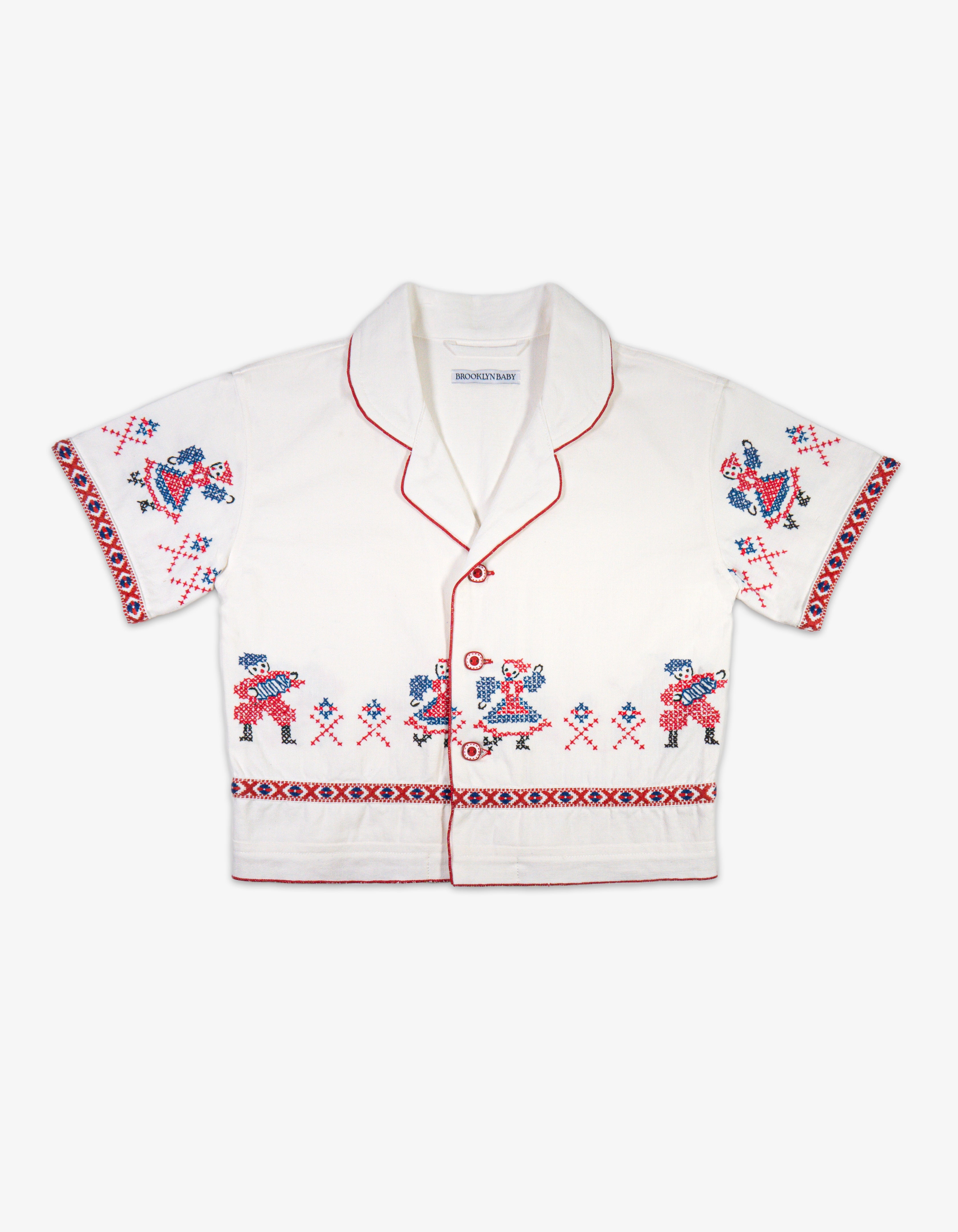 Handmade Kids Cotton Hungarian Vintage Tablecloth Shirt Front View