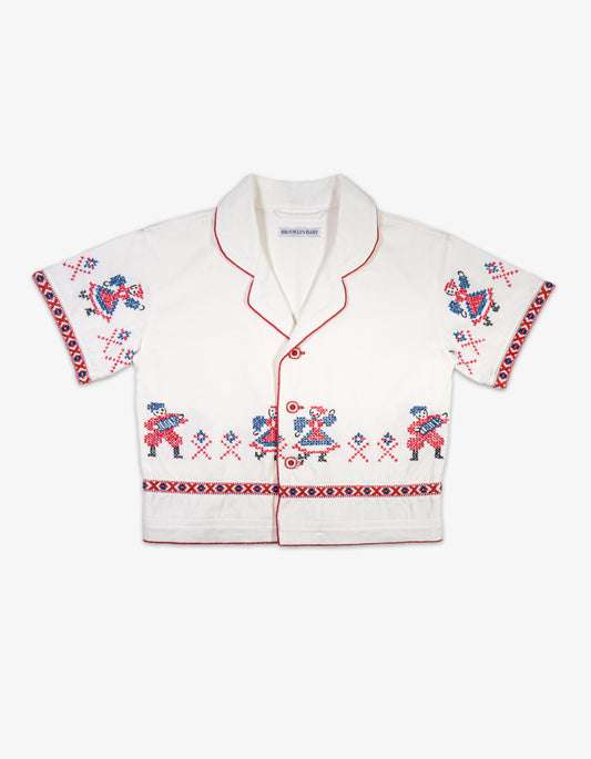 Handmade Kids Cotton Hungarian Vintage Tablecloth Shirt Front View